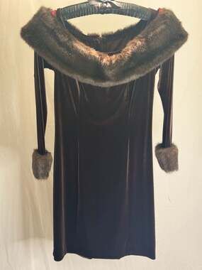 Speed Design Vintage Velvet Faux Fur Trim Off-Shoulder Dress - Brown - Medium